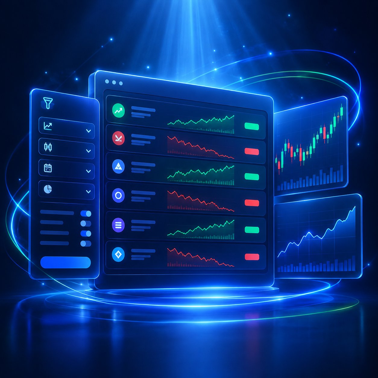 Sleek dashboard with filter panels and a list of stock charts