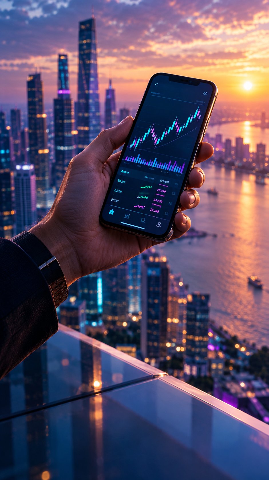 Hand holding a phone with a stock trading app and a city in the background