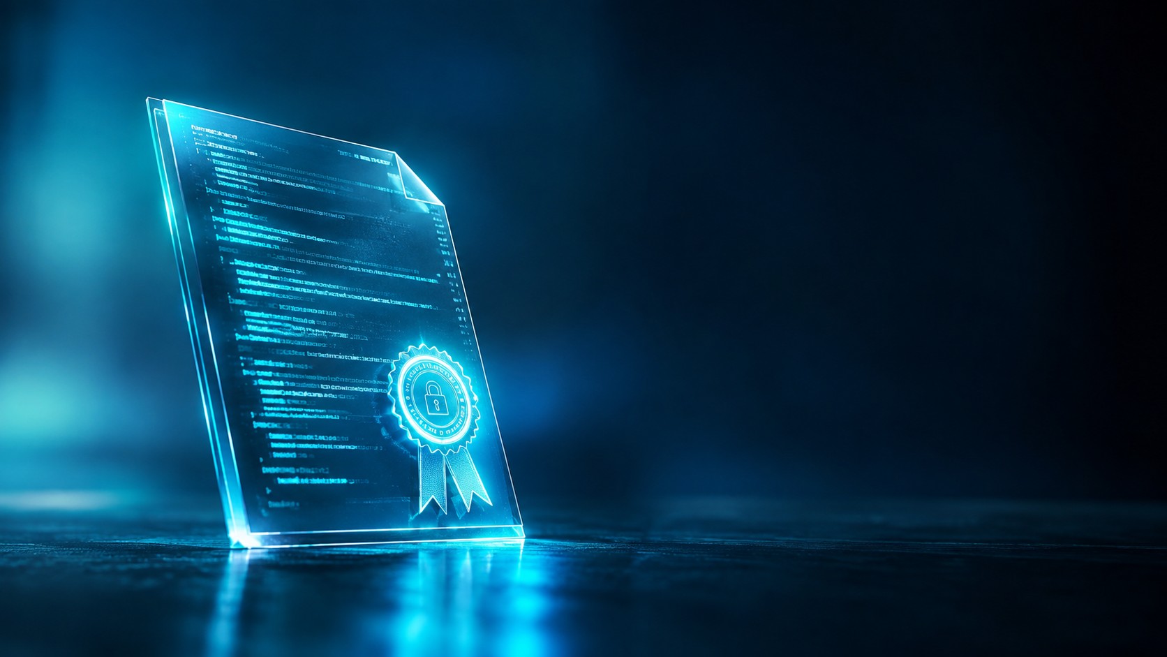 Transparent document made of code lines sealed with a glowing stamp